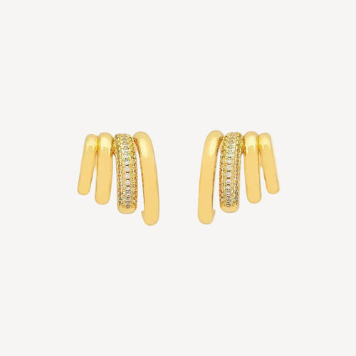 Gold hoop earrings with embedded stones on a white background