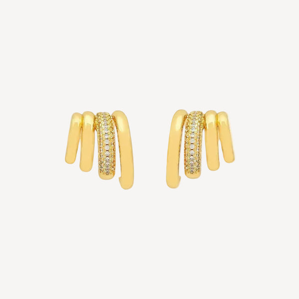 Gold hoop earrings with embedded stones on a white background