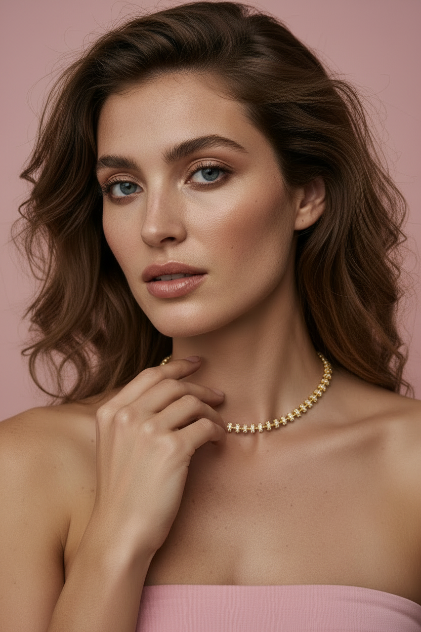 Model touching necklace